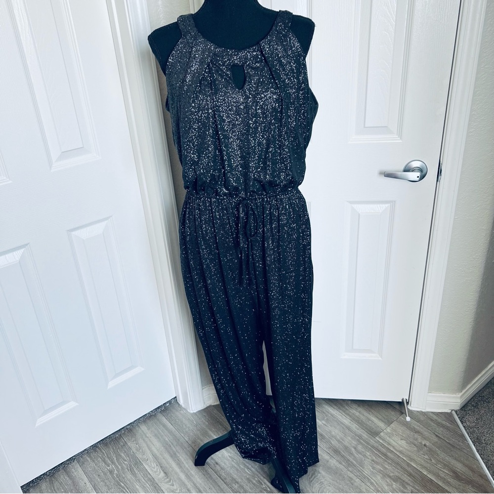 Black & Silver Sparkle One Piece Romper w Pockets & Drawstring Waist Sz 14